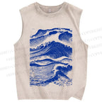 Unisex Vintage Japanese Wave Printed Washed Tank Top