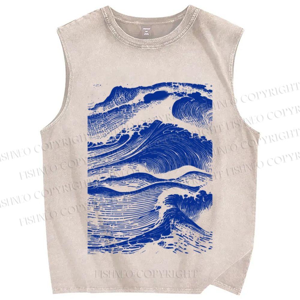 Unisex Vintage Japanese Wave Printed Washed Tank Top