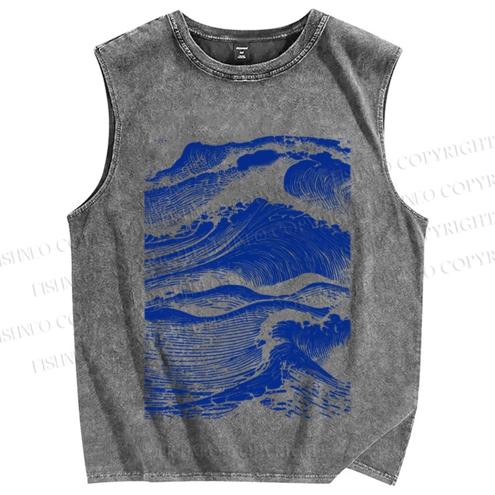 Unisex Vintage Japanese Wave Printed Washed Tank Top