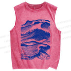 Unisex Vintage Japanese Wave Printed Washed Tank Top