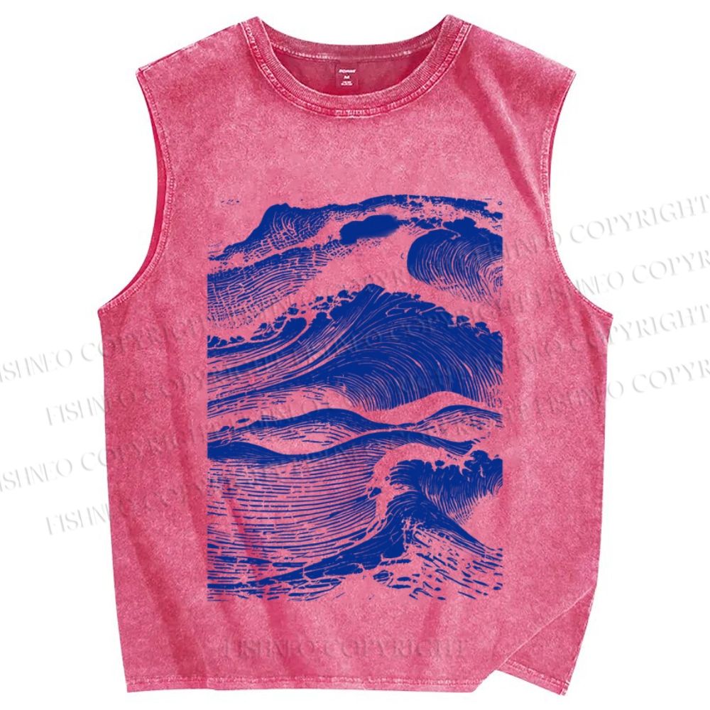 Unisex Vintage Japanese Wave Printed Washed Tank Top