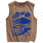 Unisex Vintage Japanese Wave Printed Washed Tank Top