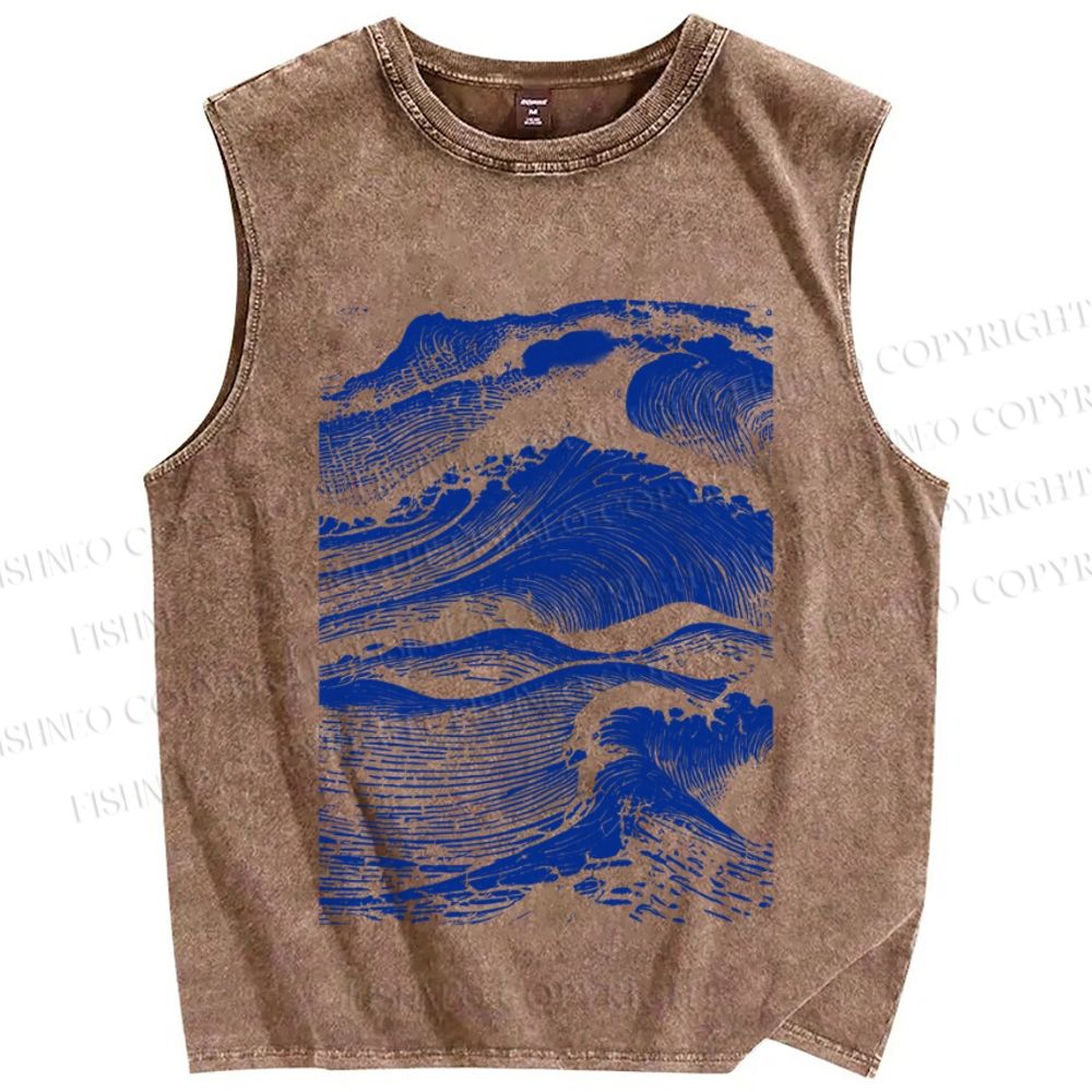 Unisex Vintage Japanese Wave Printed Washed Tank Top