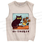 Unisex Van Gogh Cat Printed Washed Tank Top