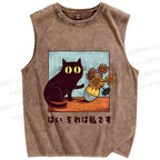 Unisex Van Gogh Cat Printed Washed Tank Top
