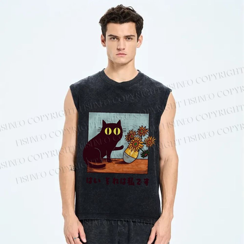 Unisex Van Gogh Cat Printed Washed Tank Top
