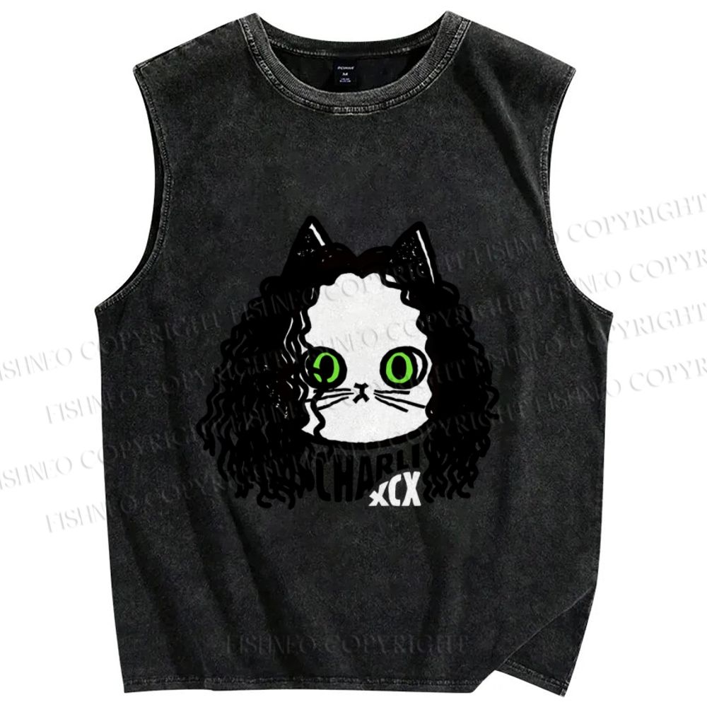 Unisex Charli Cat Printed Washed Tank Top