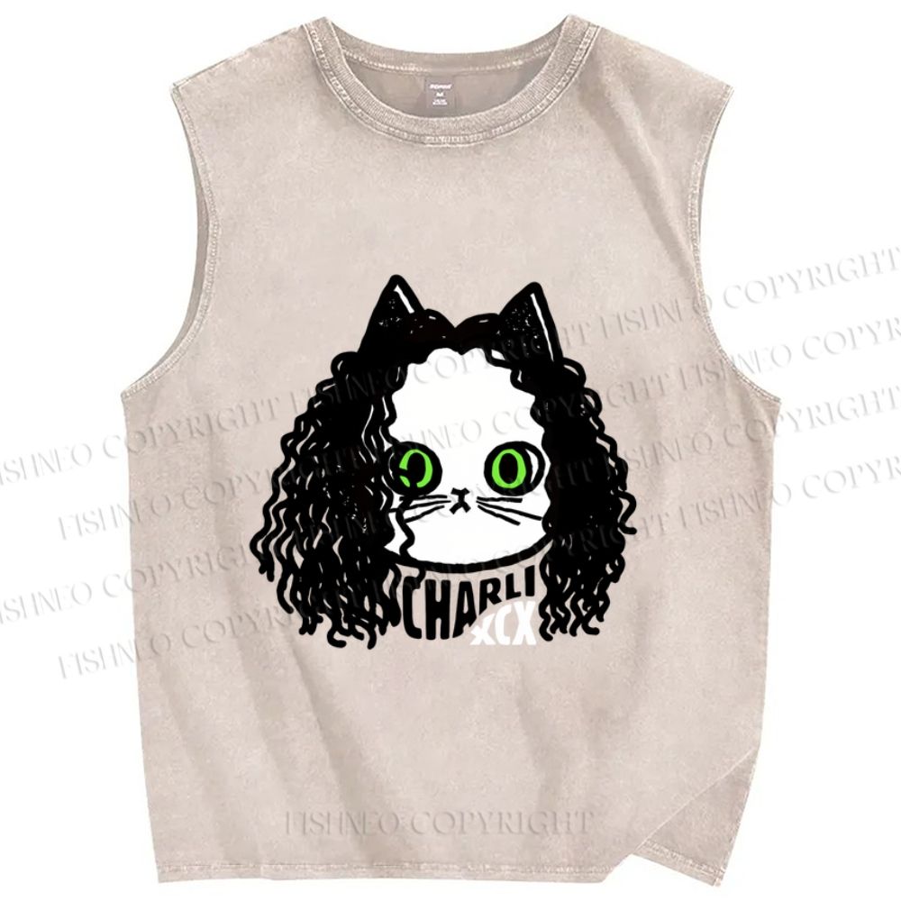 Unisex Charli Cat Printed Washed Tank Top