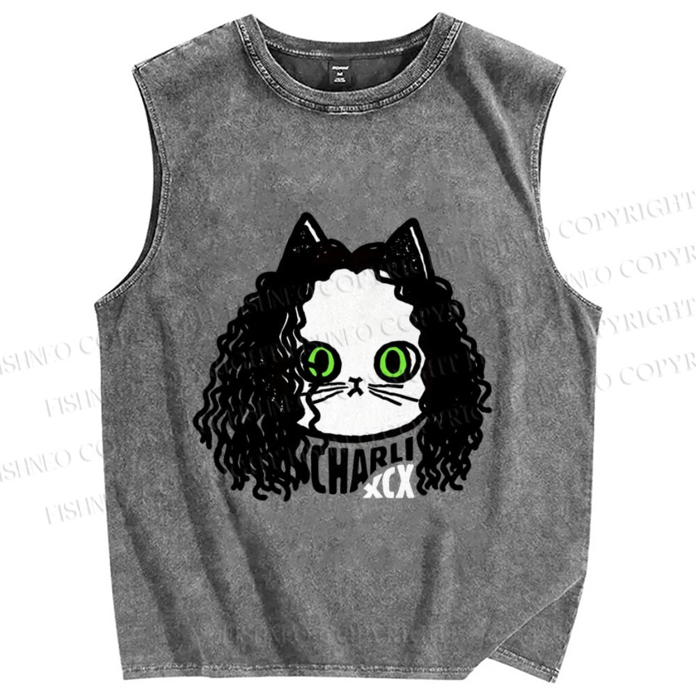 Unisex Charli Cat Printed Washed Tank Top