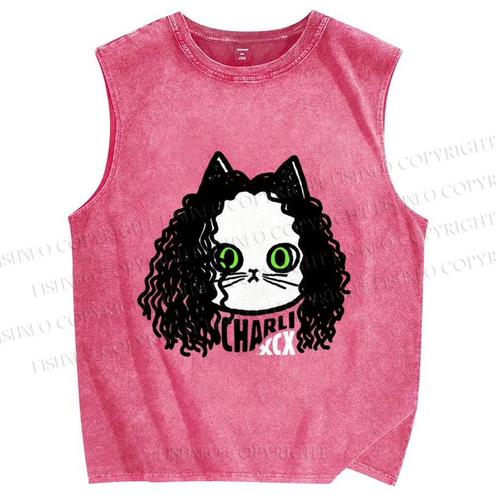 Unisex Charli Cat Printed Washed Tank Top