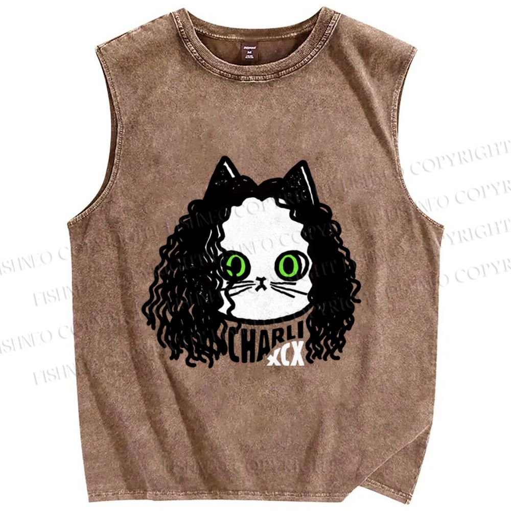 Unisex Charli Cat Printed Washed Tank Top
