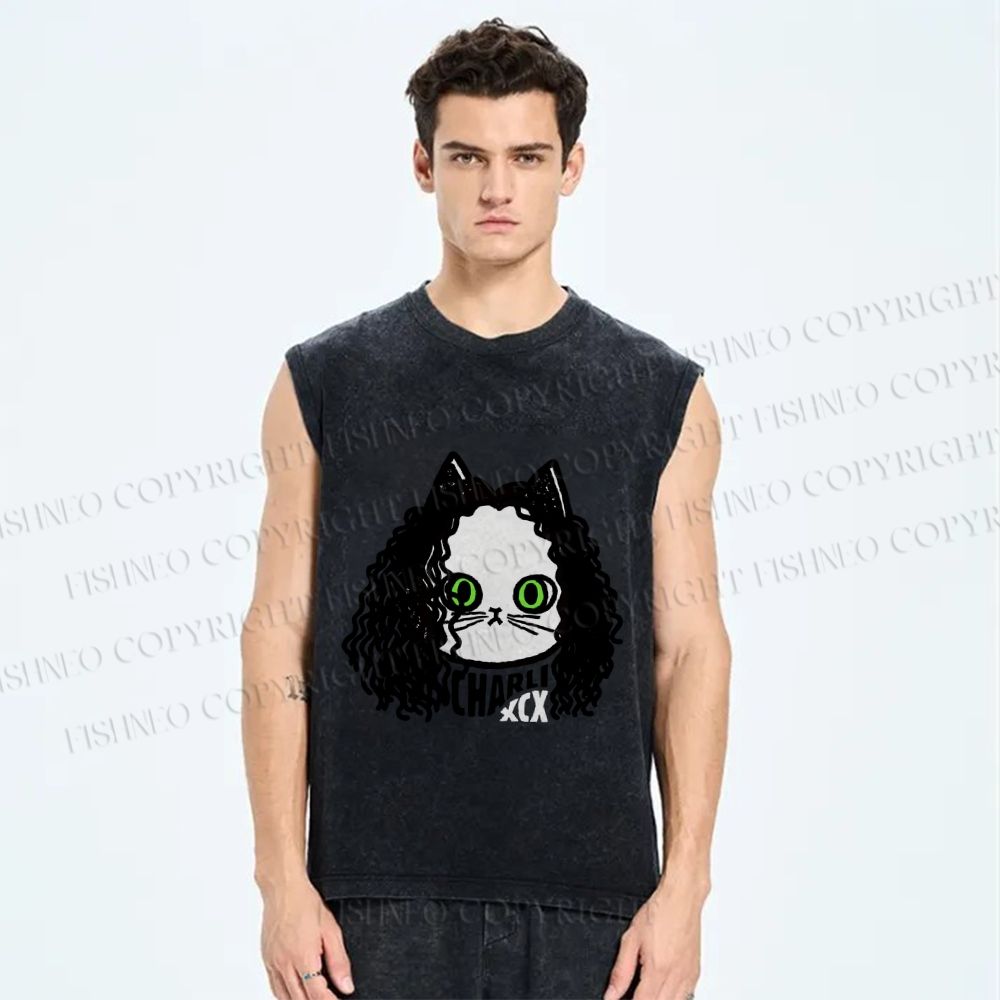 Unisex Charli Cat Printed Washed Tank Top
