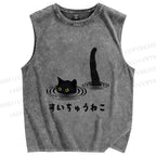 Unisex Funny Black Cat In The Water Printed Washed Tank Top