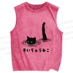 Unisex Funny Black Cat In The Water Printed Washed Tank Top