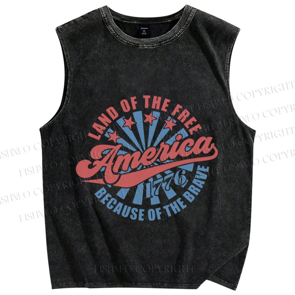 Unisex Land Of Free Because Of Brave Independence Day Printed Washed Tank Top