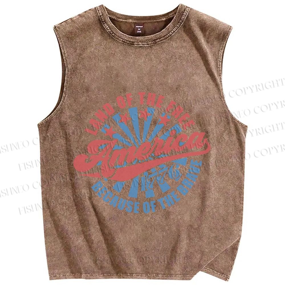 Unisex Land Of Free Because Of Brave Independence Day Printed Washed Tank Top