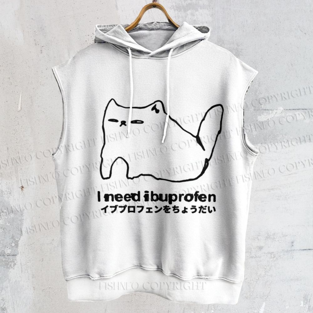 Unisex I need ibuprofen Cat Vintage Printed Sleeveless Hoodie