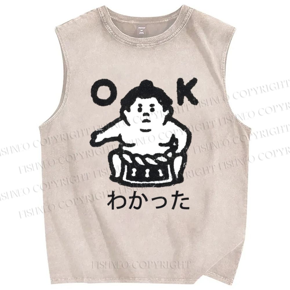 Unisex Japanese Sumo Printed Washed Tank Top