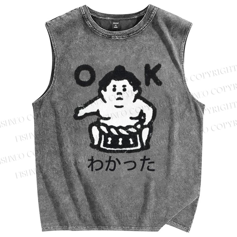 Unisex Japanese Sumo Printed Washed Tank Top