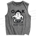 Unisex Japanese Sumo Printed Washed Tank Top