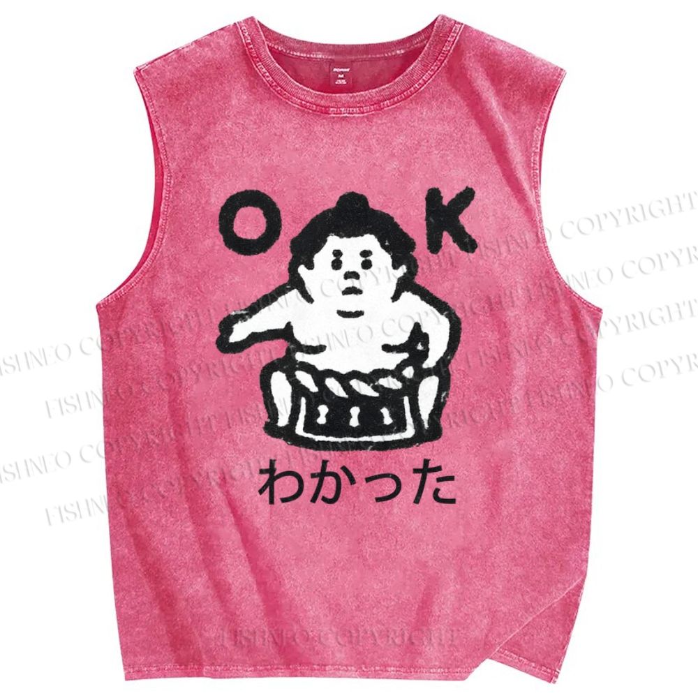 Unisex Japanese Sumo Printed Washed Tank Top