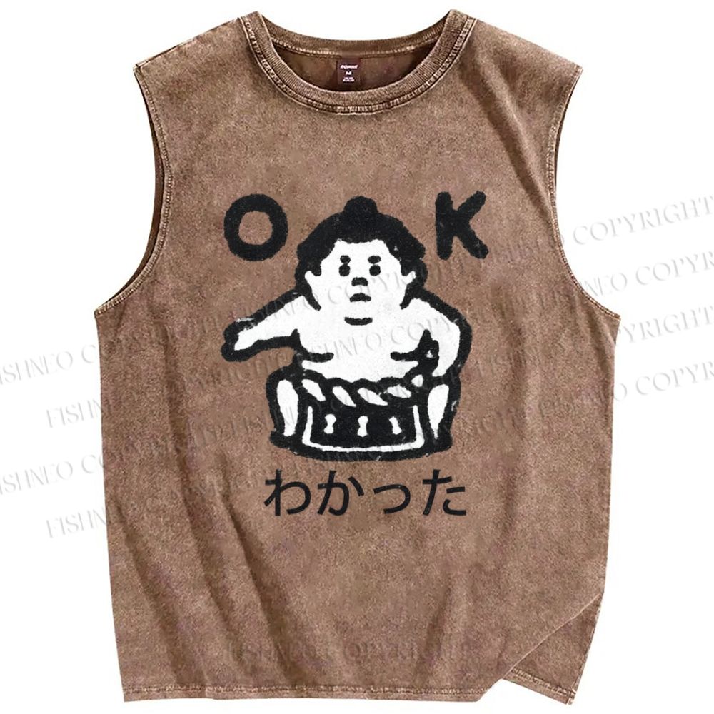 Unisex Japanese Sumo Printed Washed Tank Top