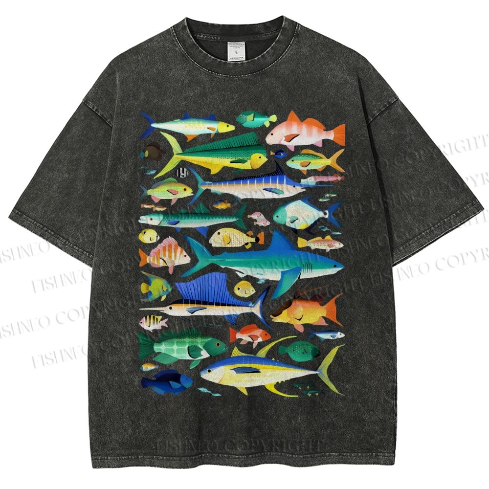 Unisex Colorful Fish Printed Washed Tee