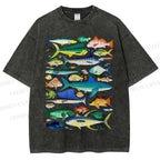 Unisex Colorful Fish Printed Washed Tee