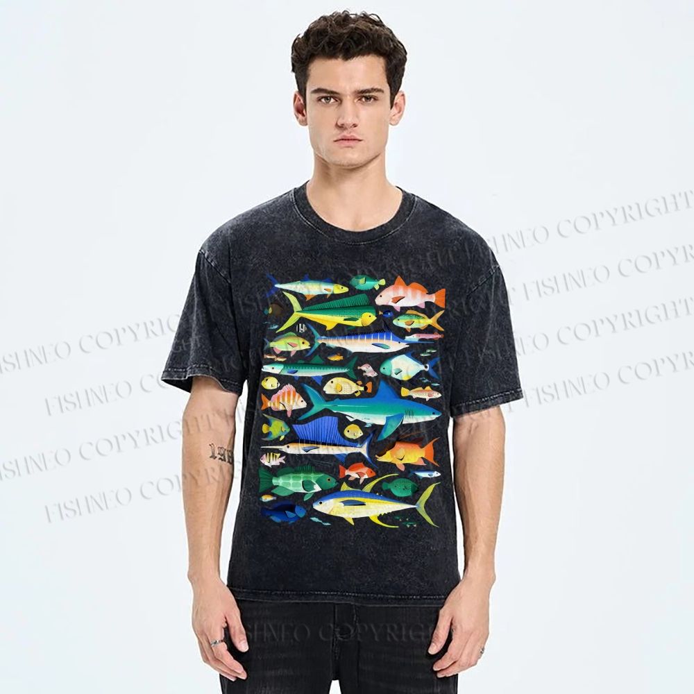 Unisex Colorful Fish Printed Washed Tee