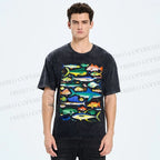Unisex Colorful Fish Printed Washed Tee