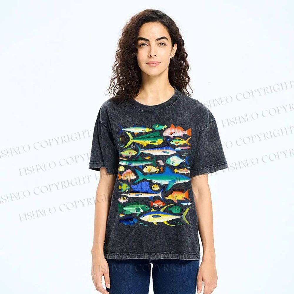 Unisex Colorful Fish Printed Washed Tee