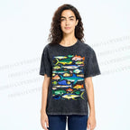 Unisex Colorful Fish Printed Washed Tee