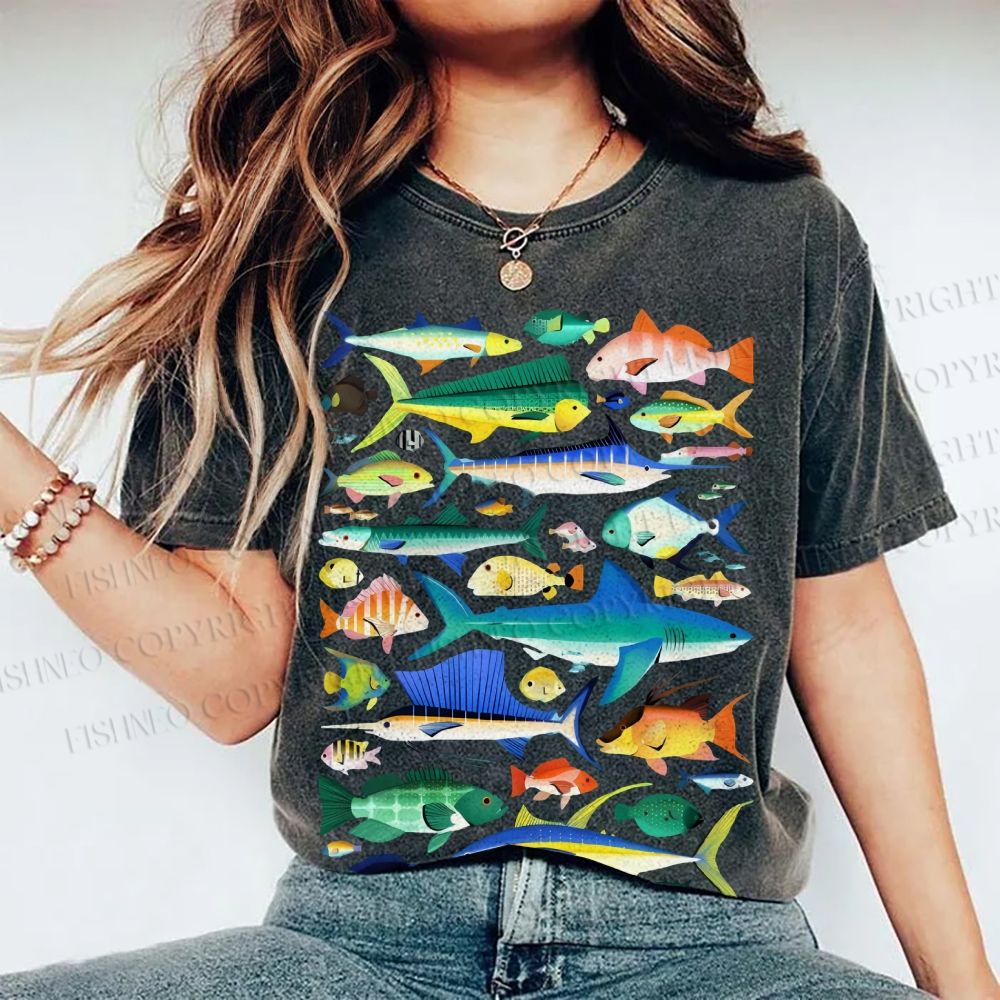 Unisex Colorful Fish Printed Washed Tee