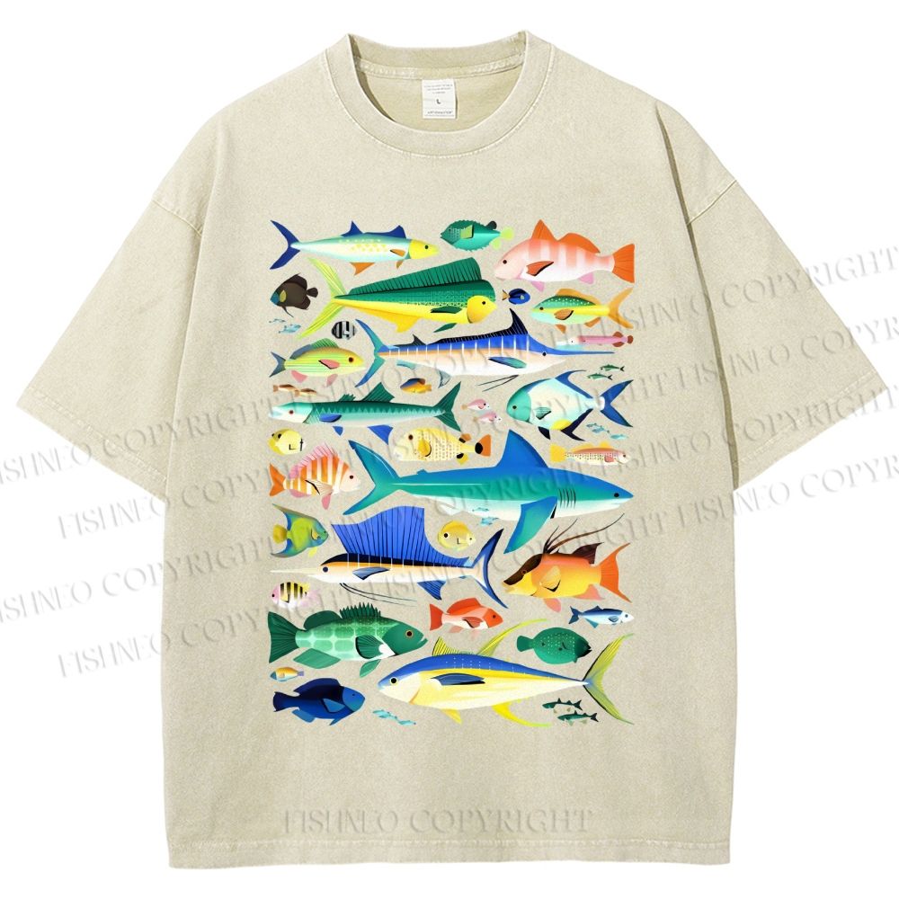 Unisex Colorful Fish Printed Washed Tee