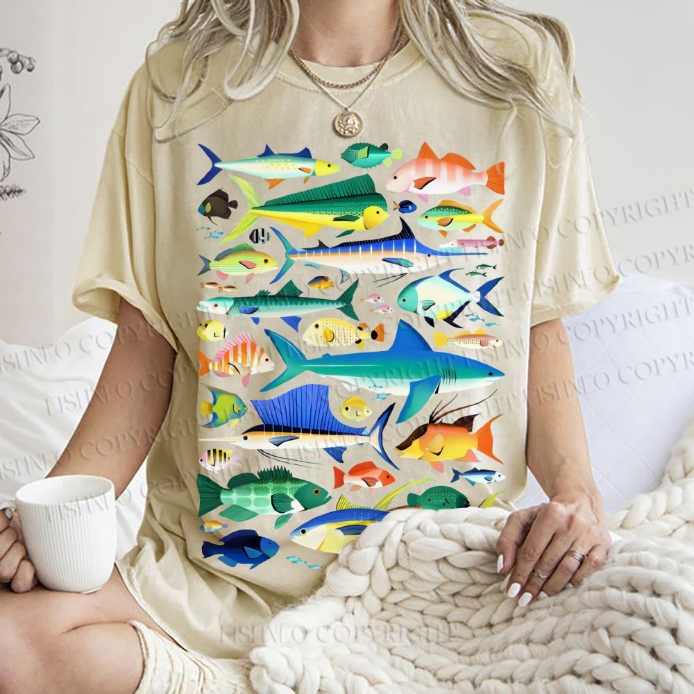 Unisex Colorful Fish Printed Washed Tee
