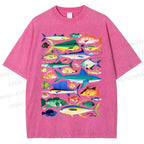 Unisex Colorful Fish Printed Washed Tee