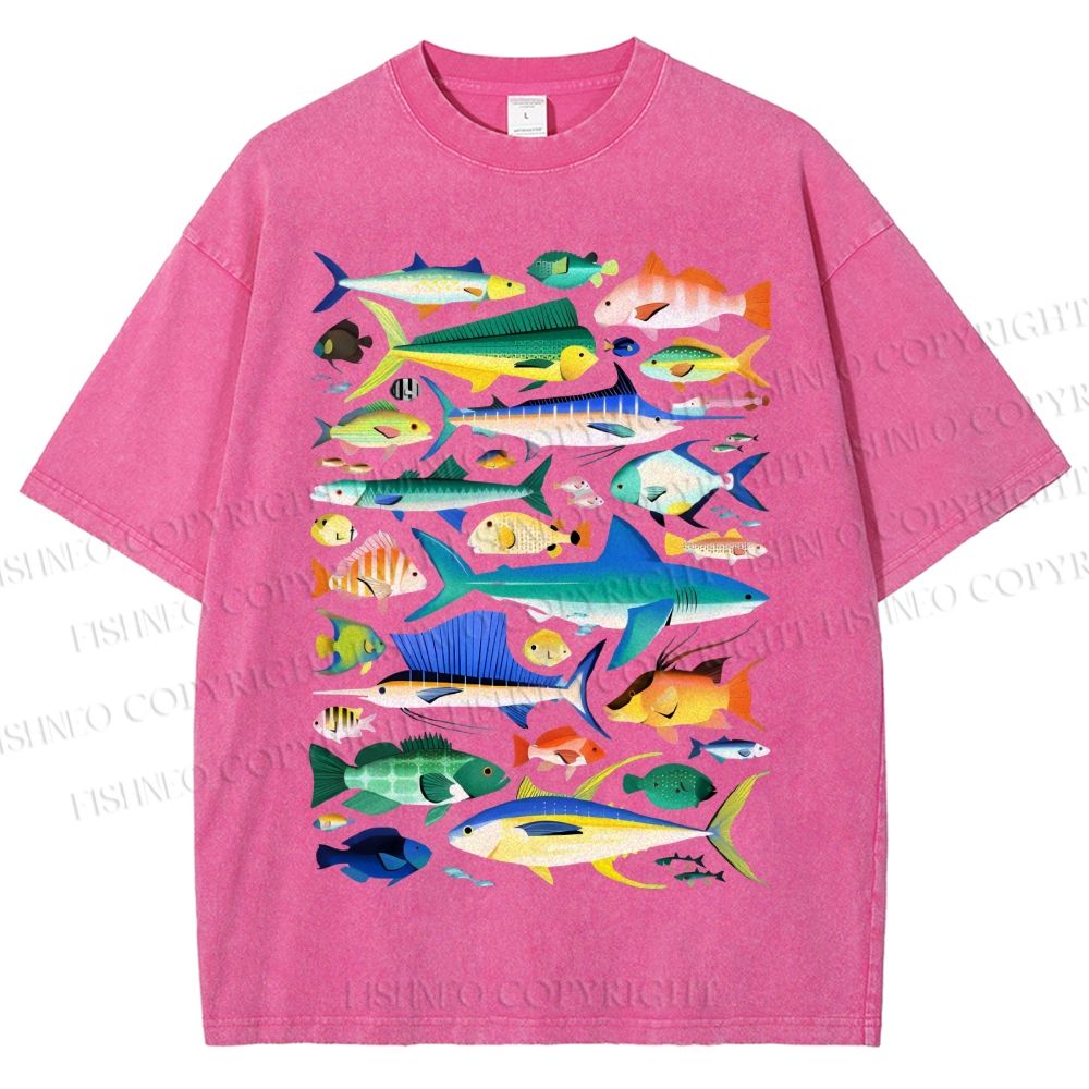 Unisex Colorful Fish Printed Washed Tee