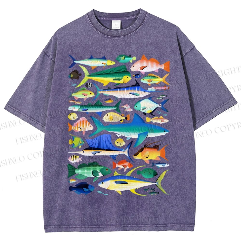 Unisex Colorful Fish Printed Washed Tee