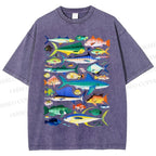 Unisex Colorful Fish Printed Washed Tee