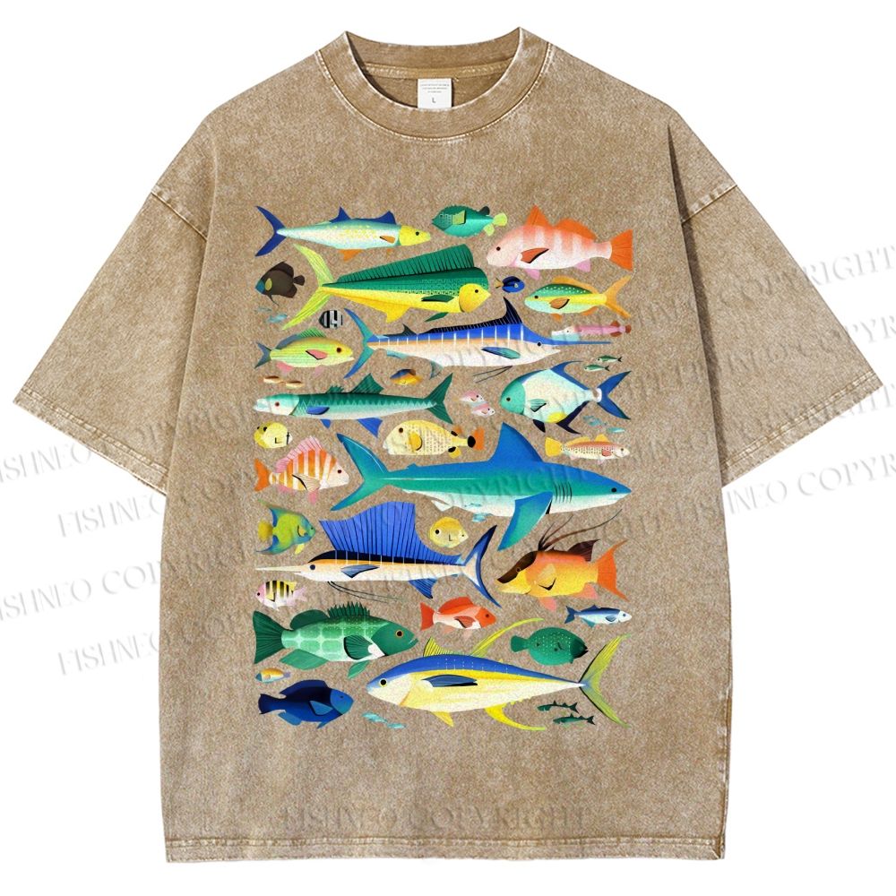 Unisex Colorful Fish Printed Washed Tee