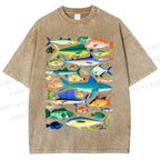 Unisex Colorful Fish Printed Washed Tee