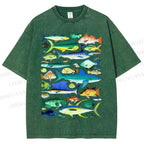 Unisex Colorful Fish Printed Washed Tee