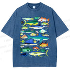 Unisex Colorful Fish Printed Washed Tee