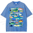Unisex Colorful Fish Printed Washed Tee