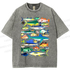 Unisex Colorful Fish Printed Washed Tee