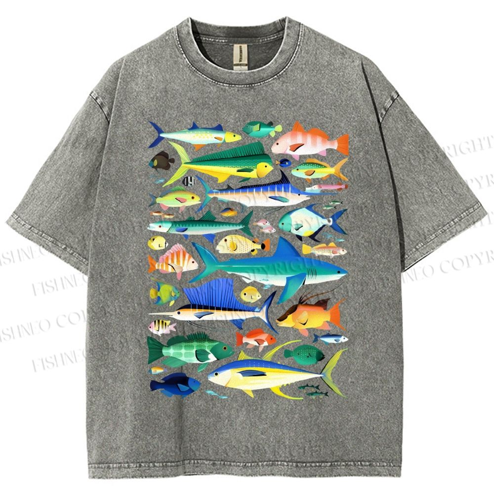 Unisex Colorful Fish Printed Washed Tee