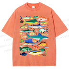Unisex Colorful Fish Printed Washed Tee