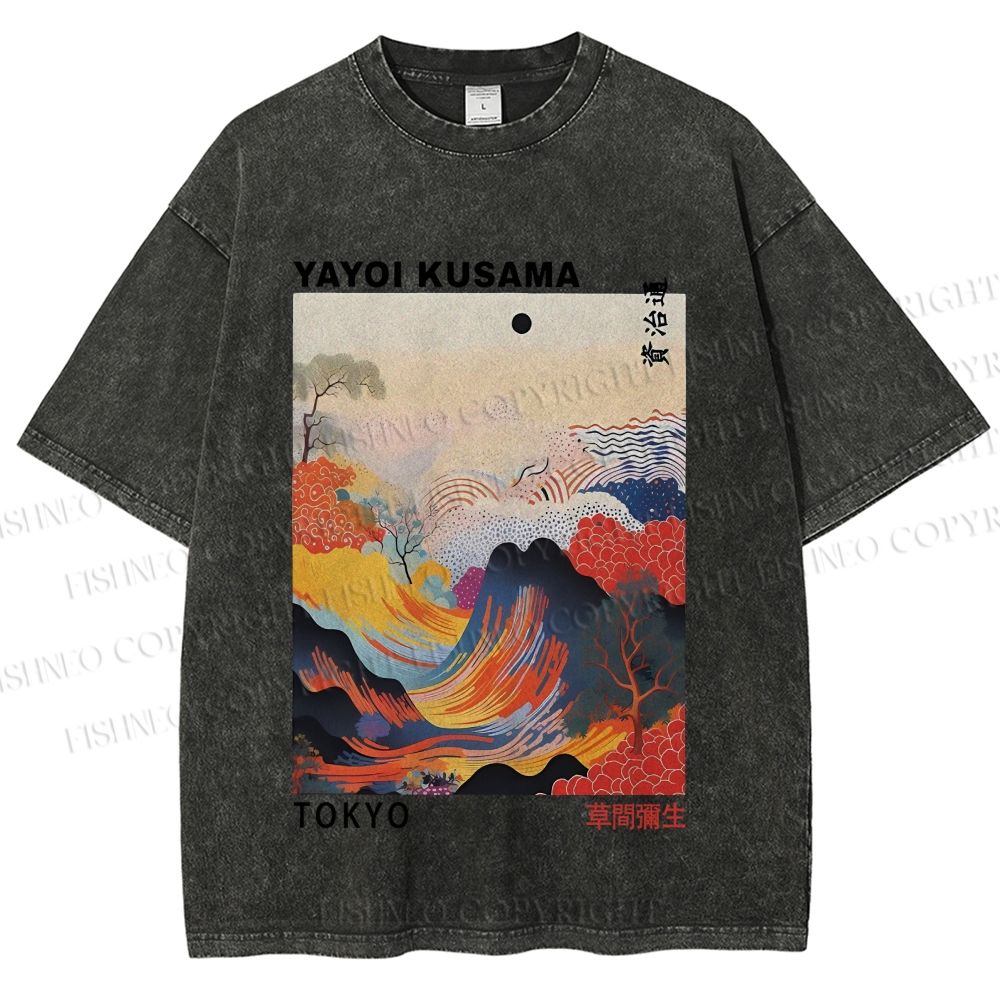 Unisex Japanese Art Wave Yayoi Kusama Printed Washed Tee