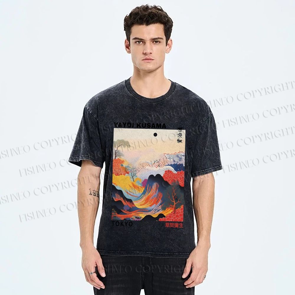 Unisex Japanese Art Wave Yayoi Kusama Printed Washed Tee