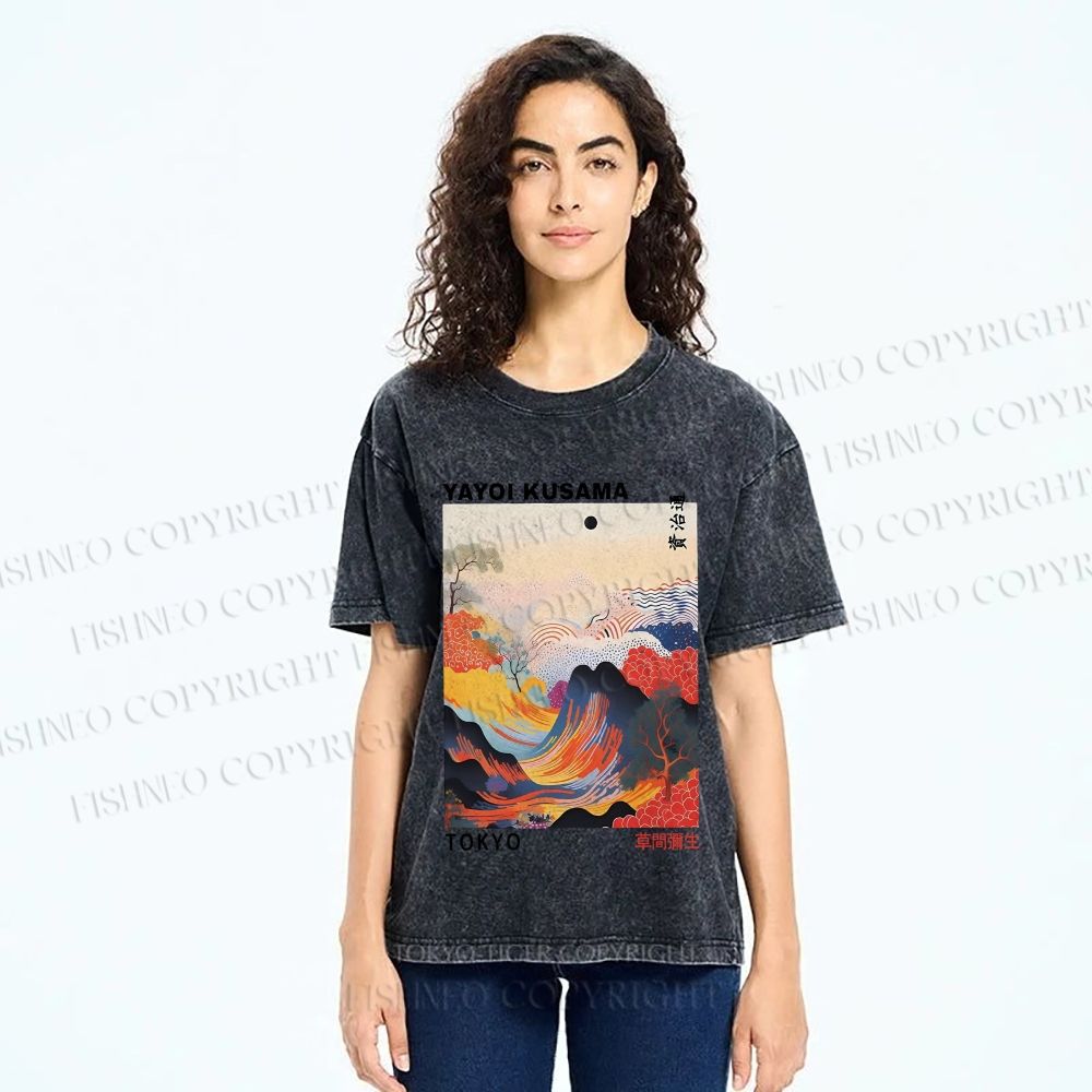 Unisex Japanese Art Wave Yayoi Kusama Printed Washed Tee